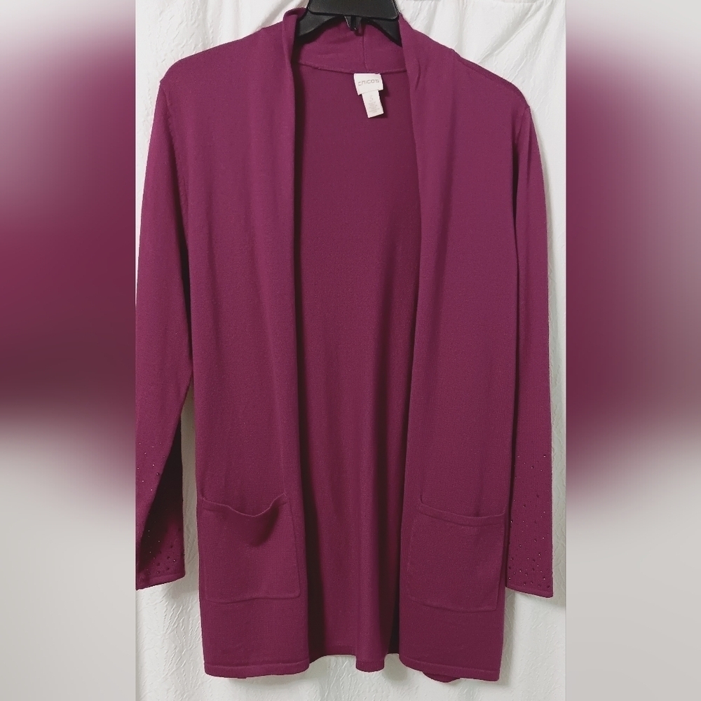 Chico's Purple Diamonte Sleeve Open Danielle Cardigan‎ Sweater sz 3 (XL)